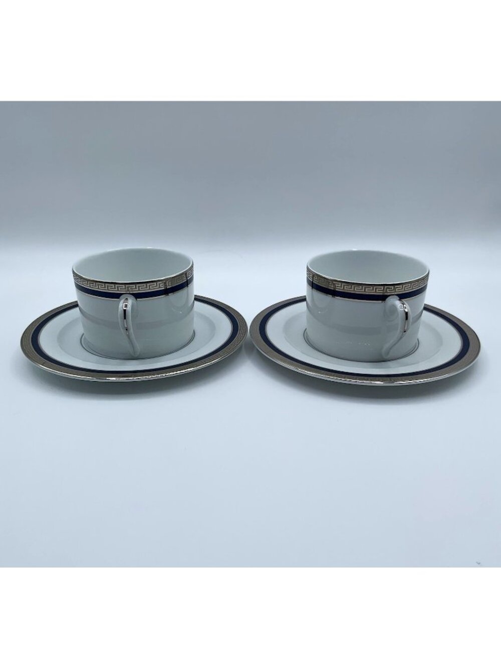 Philippe Deshoulieres Limoges Porcelain Cup & Saucer Set of 4 Blue Greek Key